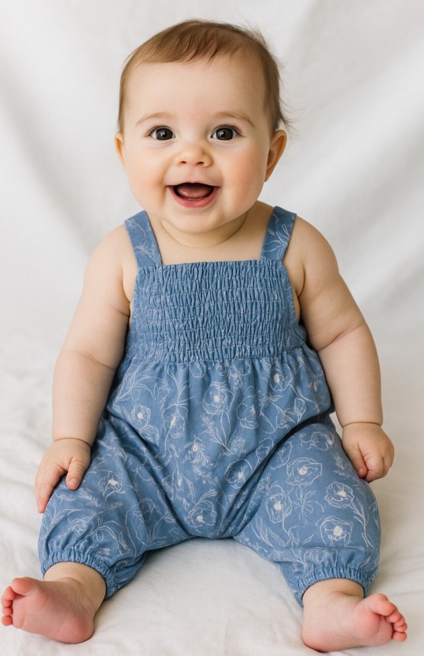 BARDOT Baby Missy Floral One Piece Outfit 12-18 MO Blue Linen Smocked NWT